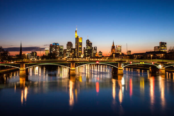 Frankfurt Am Main downtown financial district skyline skyscrapers at night