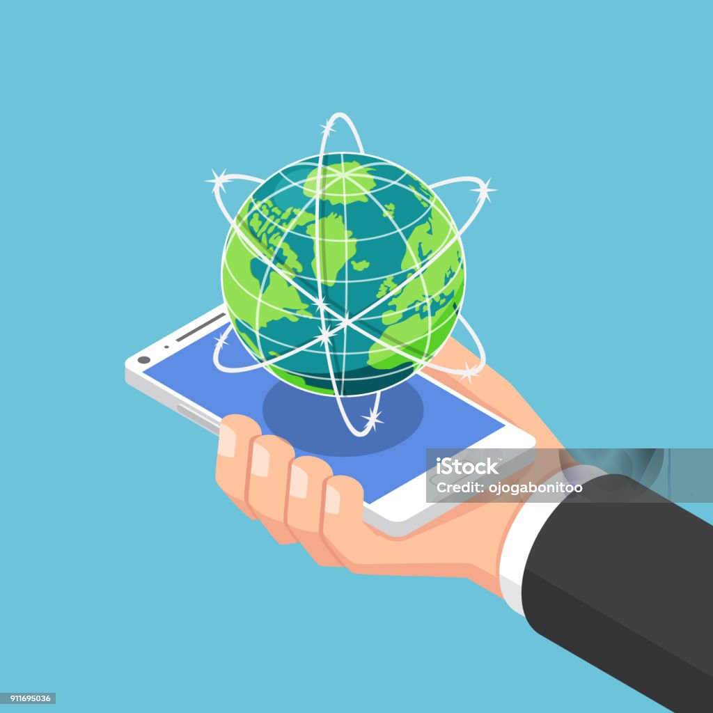 Isometric businessman hand holding smartphone with world and global network. Flat 3d isometric businessman hand holding smartphone with world and global network. internet connection and global communication concept. Globe - Navigational Equipment stock vector