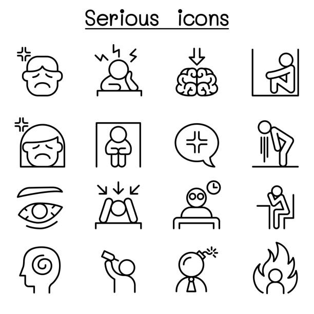 stockillustraties, clipart, cartoons en iconen met ernstige pictogrammenset in dunne lijnstijl - eenzaam