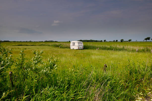 Lonesome caravan on a wild meadow in the german north sea region