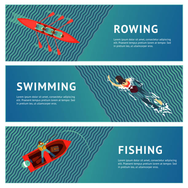 Water sport. Horizontal banners set. People recreation on a river. Flat style illustration. People recreation on a river. Water sport. Horizontal banners set. Flat style illustration. rowing boat fishing stock illustrations