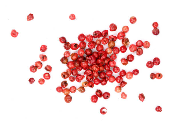 red peppercorns seeds isolated on white background. top view. flat lay - pink pepper imagens e fotografias de stock