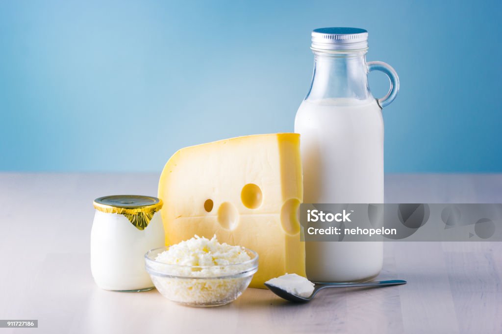 Dairy products such as milk, cheese, egg, yogurt and butter. Dairy Product Stock Photo