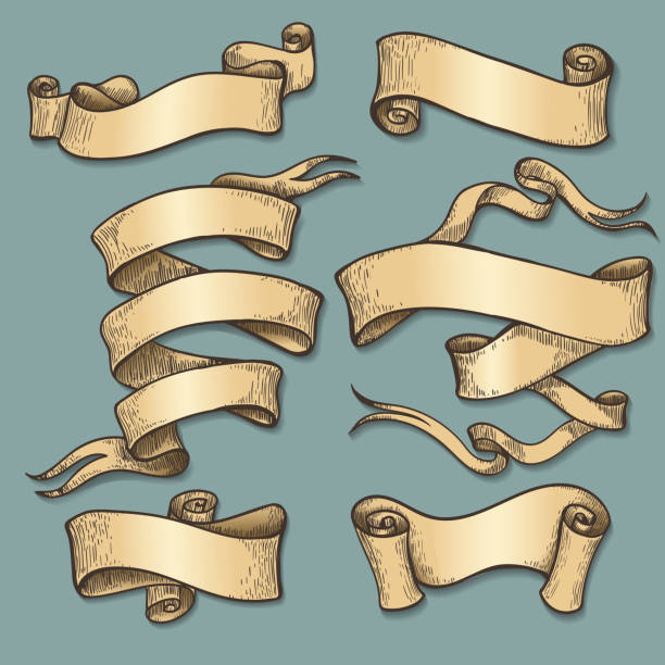 Medieval scrolls antique papyrus texture labels Medieval scrolls. Cartoon manuscript paper banners or antique papyrus texture labels vector set parchment scroll banner stock illustrations