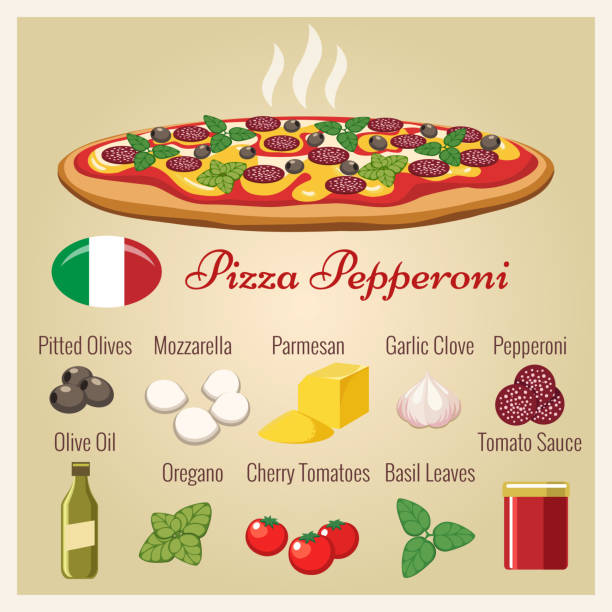 peperoni-pizza mit zutaten - pizza pastry crust oven meat stock-grafiken, -clipart, -cartoons und -symbole