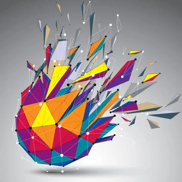 Vector illustration of Abstract 3d faceted figure with connected lines and dots. Vector low poly shattered design element with fragments and particles. Explosion effect.