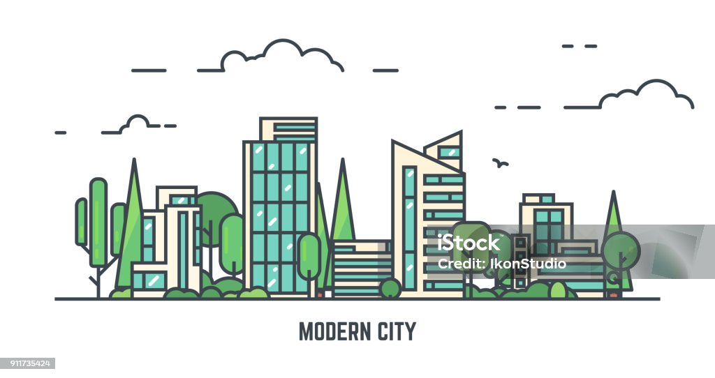 City with park City with buildings and skyscrapers and trees. Flat style line vector illustration. Business city center with modern houses. Green park in center of town. Clouds and sky. Park and smart city concept. City stock vector