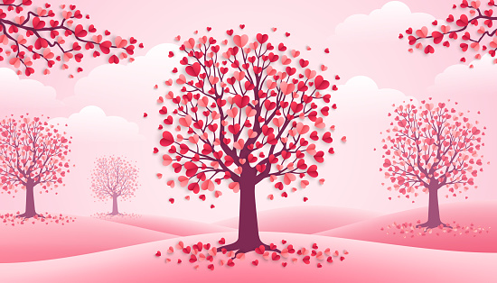 Happy Valentine's Day trees with heart shape leaves, pink landscape with clouds and hills. Vector illustration. Holiday design for greeting card, concept, gift voucher, invitation. Love growth