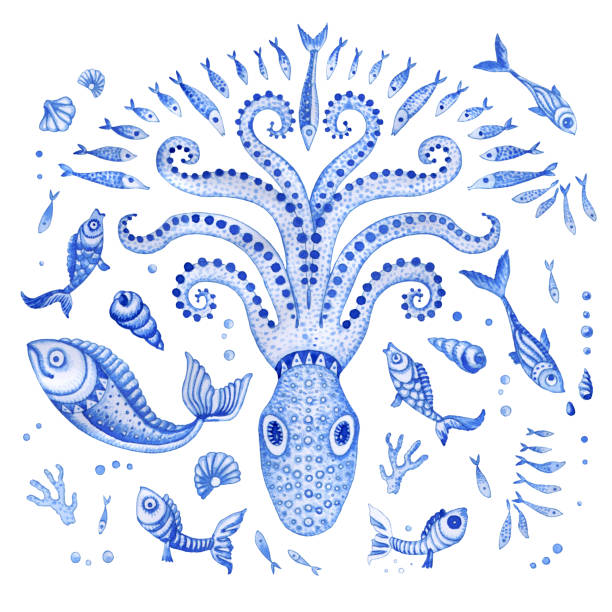 illustrations, cliparts, dessins animés et icônes de jeu de main bleue indigo, peint des animaux marins de conte de fées. aquarelle peinte poulpe, corail, coquillages, poisson, bulles, isolés sur fond blanc. tee shirt imprimé, batik, affiche, couverture de livre - backgrounds paisley pattern sea