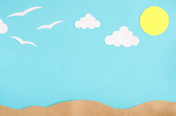 Summer background with  gulls and clouds. Paper cut.