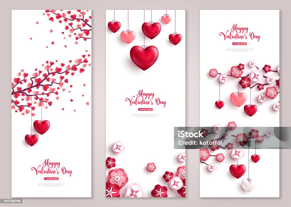 Striscioni verticali di San Valentino, albero con cuori. - arte vettoriale royalty-free di San Valentino - Festività pubblica