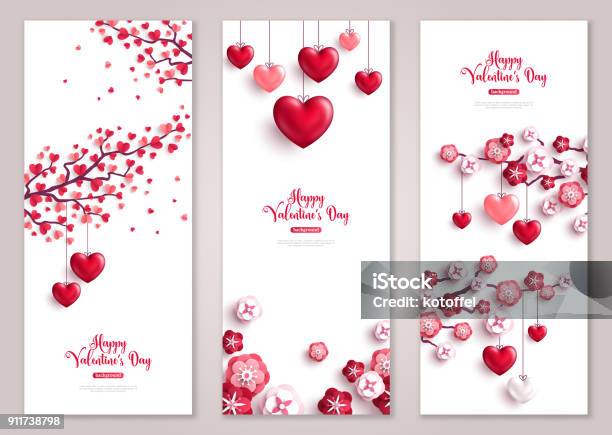 Valentines Vertical Banners Tree With Hearts Stock Illustration - Download Image Now - Valentine's Day - Holiday, Valentine Card, Love - Emotion
