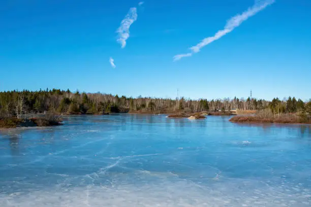 A frozen lake under a blue sky. The lake is blue ice with trees on the other side. Room for text.