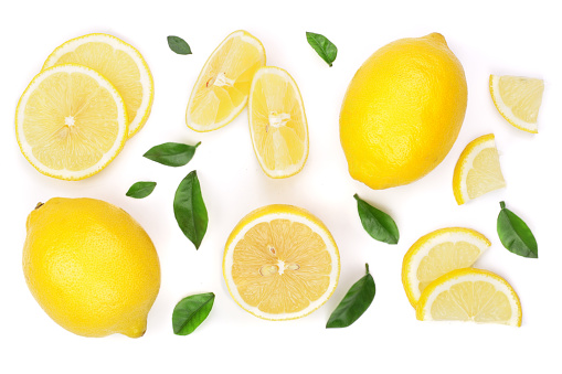 lemon and slices with leaf isolated on white background. Flat lay, top view.