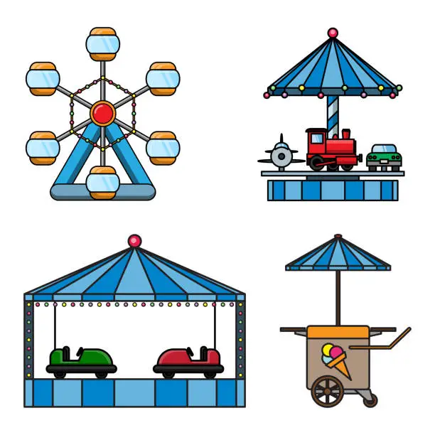 Vector illustration of Set icons amusement park isolated on white background.
