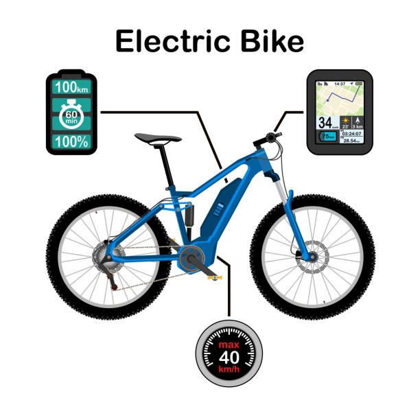illustrazioni stock, clip art, cartoni animati e icone di tendenza di illustrazione vettoriale bici elettrica isolata su sfondo bianco - bicicletta elettrica