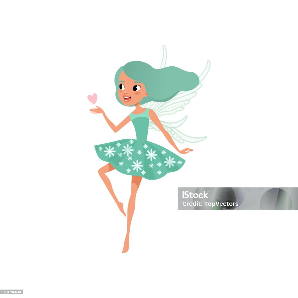 Cartoon Fairy Character Beautiful Girl With Long Turquoise Hair Wearing  Cute Dress Imaginary Fairytale Creature Flat Vector For Postcard Sticker Or  Children S Book Stock Illustration - Download Image Now - iStock
