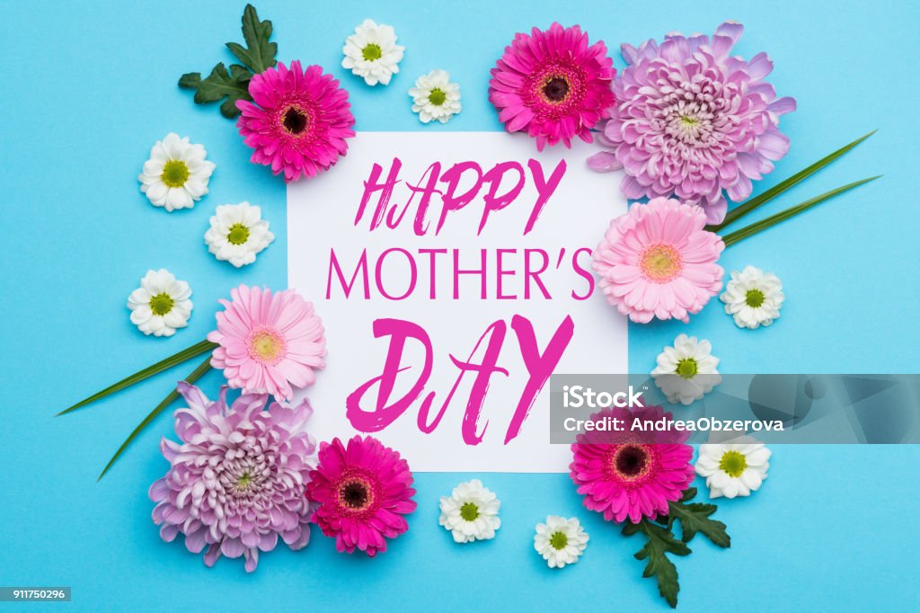 Happy Mother's Day Pastel Candy blue Colours Background. Floral flat lay minimalism greeting card. Mother's Day Stock Photo