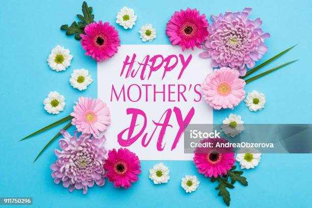 Happy Mothers Day Pastel Candy Blue Colours Background Floral Flat Lay Minimalism Greeting Card Stock Photo - Download Image Now