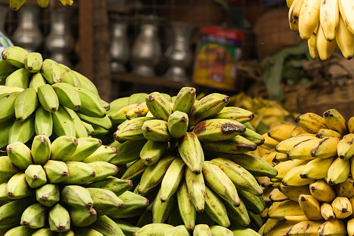 Banana hanging in asian market, closeup