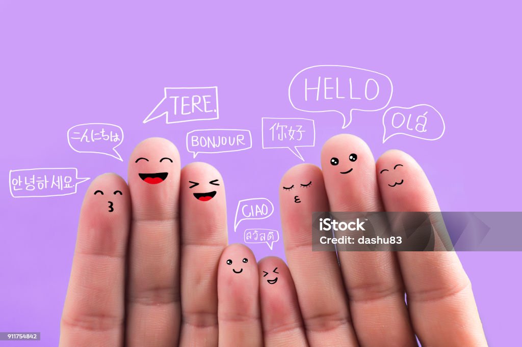 Say hello in different languages, fingers Language Stock Photo