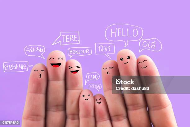 Say Hello In Different Languages Fingers Stock Photo - Download Image Now - Language, Talking, Learning