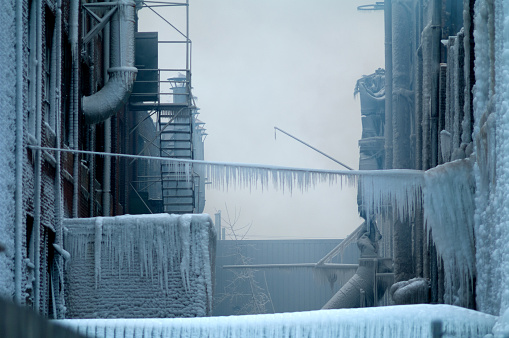 Close-up of a vintage Chicago industrial warehouse factory turned into an ice palace after a fire.