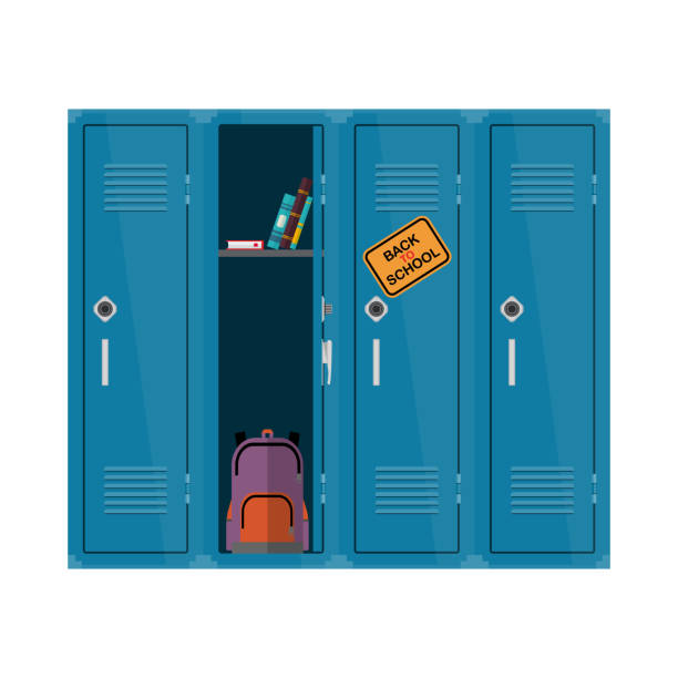 ilustraciones, imágenes clip art, dibujos animados e iconos de stock de ¡bienvenido de nuevo a la ilustración de la escuela. vector plano gráfico de los niños con armario con libros y mochila. diseño educativo del armario de la escuela. colores interior - casillero