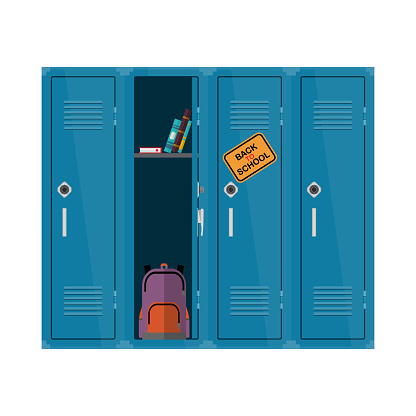 Welcome back to school illustration. Flat vector kids clipart with cupboard with books and backpack. School locker educational design. Colorful interior