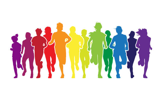 Running people Colorful crowd of young people is running in the marathon on the white background. blue clipart stock illustrations