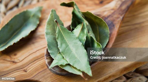 Dry Bay Leaves Laurel Aromatic Indian Spices Wooden Spoon Stock Photo - Download Image Now