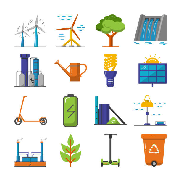 stockillustraties, clipart, cartoons en iconen met set van energie en ecologie plat pictogrammen - zelfbalancerend board