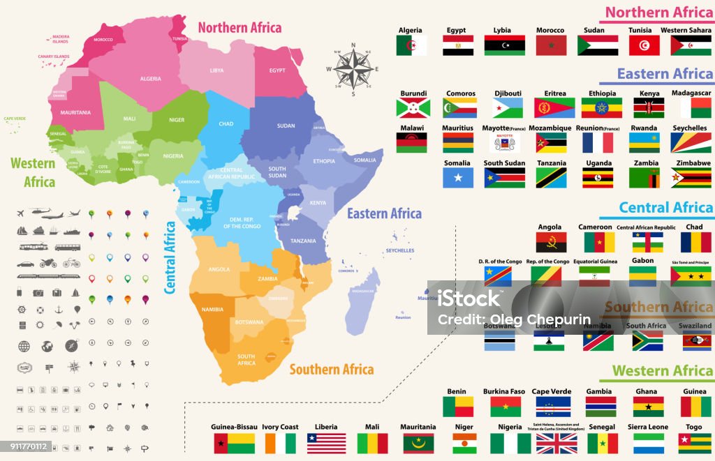 carte vectorielle du continent Afrique colorée par régions. Tous les drapeaux des pays africains, classées par ordre alphabétique et singularisé par régions - clipart vectoriel de Carte libre de droits