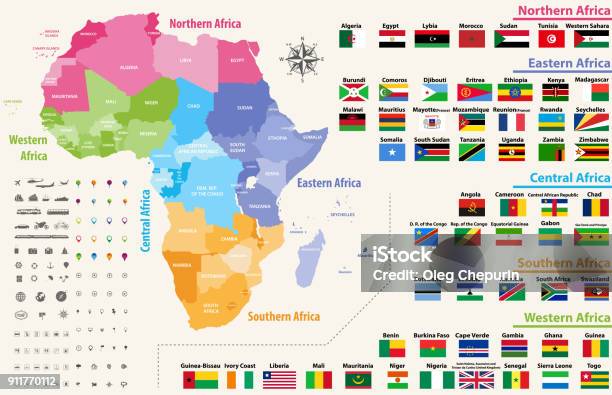 Carte Vectorielle Du Continent Afrique Colorée Par Régions Tous Les Drapeaux Des Pays Africains Classées Par Ordre Alphabétique Et Singularisé Par Régions Vecteurs libres de droits et plus d'images vectorielles de Carte