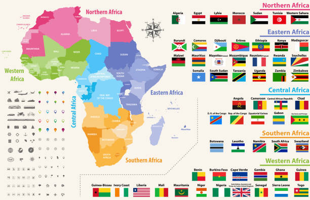 mapa wektorowa kontynentu afrykańskiego pokolorowana według regionów. wszystkie flagi krajów afrykańskich ułożone w porządku alfabetycznym i wyróżnione przez regiony - zaire emery stock illustrations