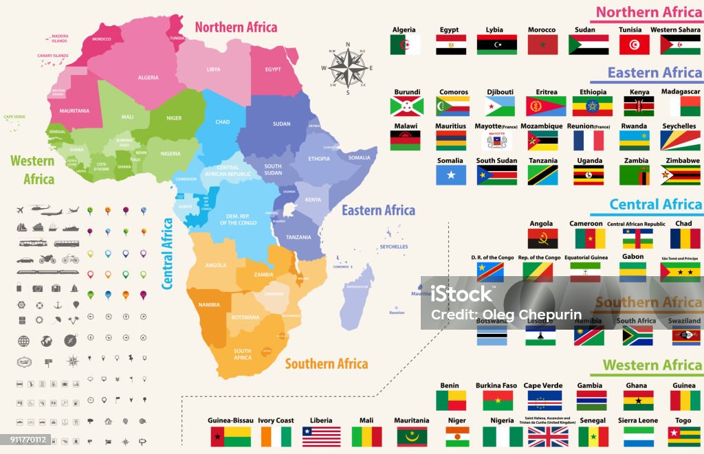vector map of Africa continent colored by regions. All flags of African countries arranged in alphabetical order and singled out by regions Map stock vector