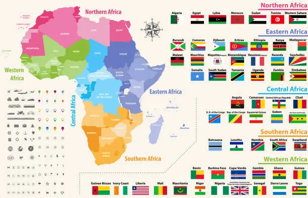 Vector illustration of vector map of Africa continent colored by regions. All flags of African countries arranged in alphabetical order and singled out by regions