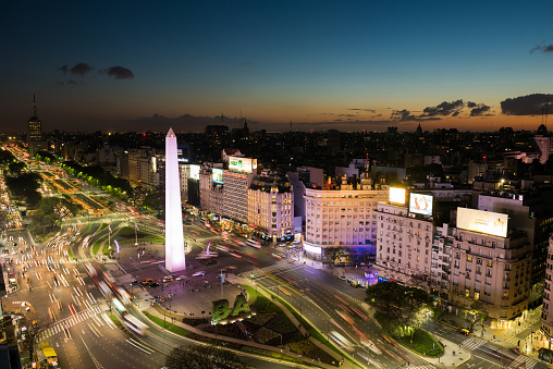 Avenida 9 de Julio with the Obelisk of Buenos Aires, Argentina at sunset