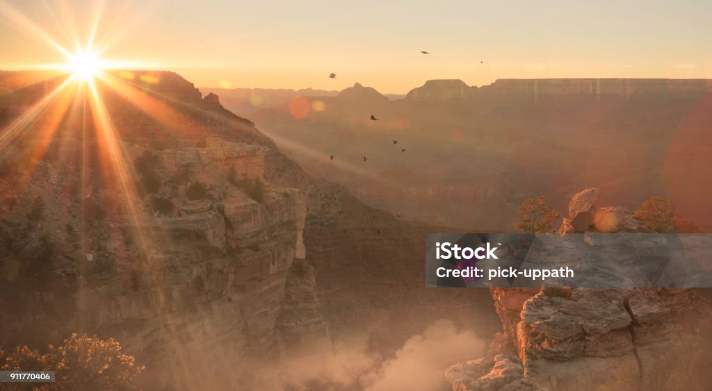 Women in purple dress sitting at edge of Grand Canyon Sunrise - Dawn Stock Photo