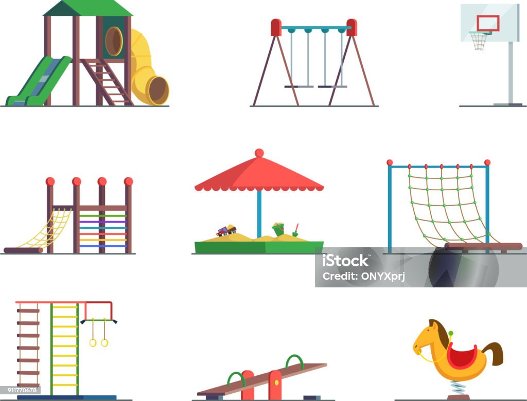 Playground equipment. Fun area for kids. Vector set Playground equipment. Fun area for kids. Vector set playground and swing for amusement park illustration Playground stock vector