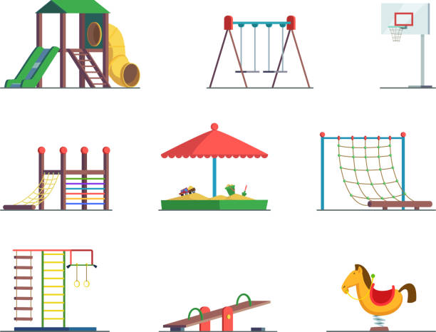 Playground equipment. Fun area for kids. Vector set Playground equipment. Fun area for kids. Vector set playground and swing for amusement park illustration swing play equipment stock illustrations