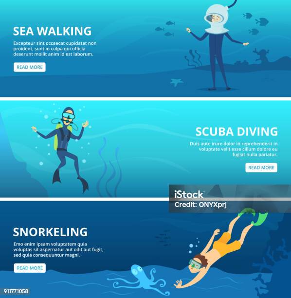 Horizontal Banners With Sea Scuba Divers Funny Cartoon Characters Stock Illustration - Download Image Now