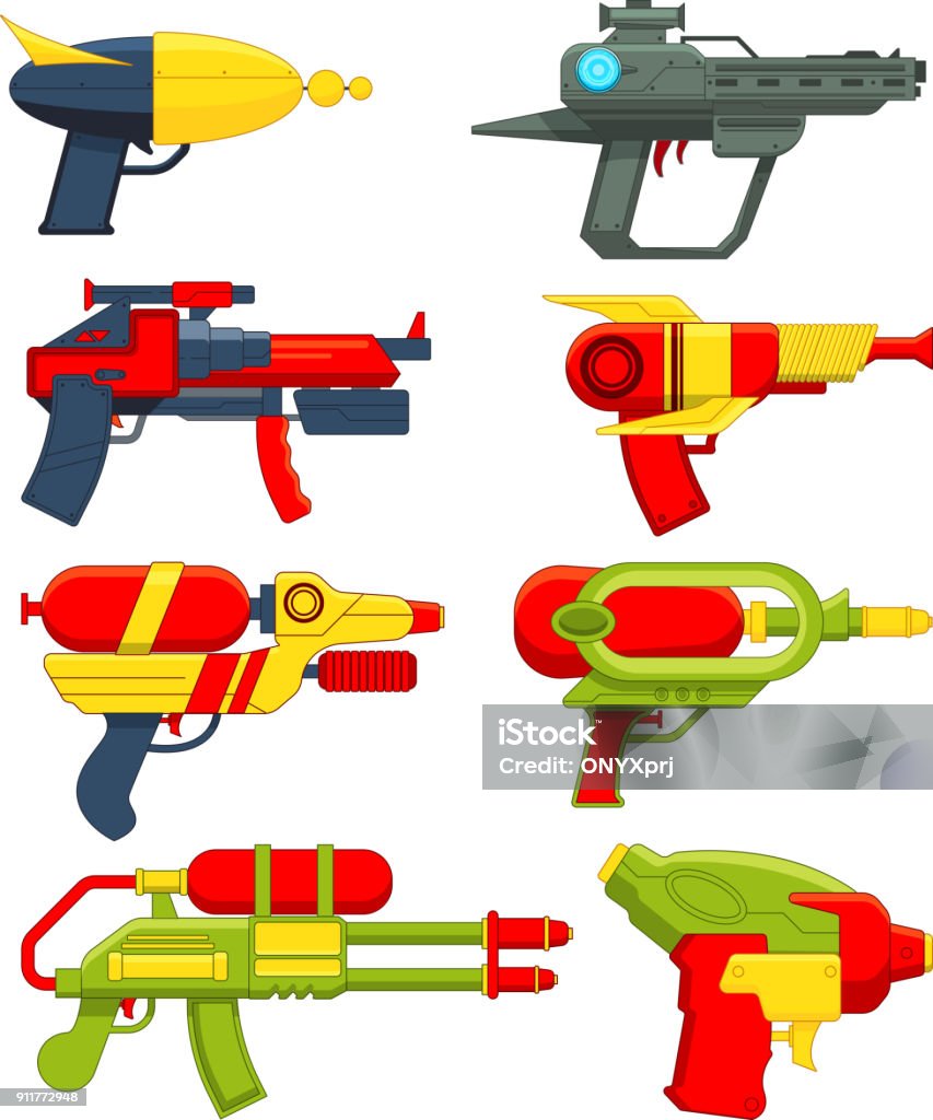 Water guns. Weapons toys for childrens Water guns. Weapons toys for childrens. Toy weapon pistol for kids game, vector illustration Squirt Gun stock vector