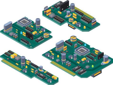 Different computer boards with semiconductors, capacitor and chips. Motherboard electronic circuit, microchip and semiconductor. Vector illustration