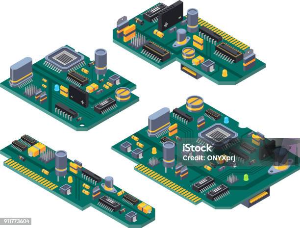 Different Computer Boards With Semiconductors Capacitor And Chips Stock Illustration - Download Image Now