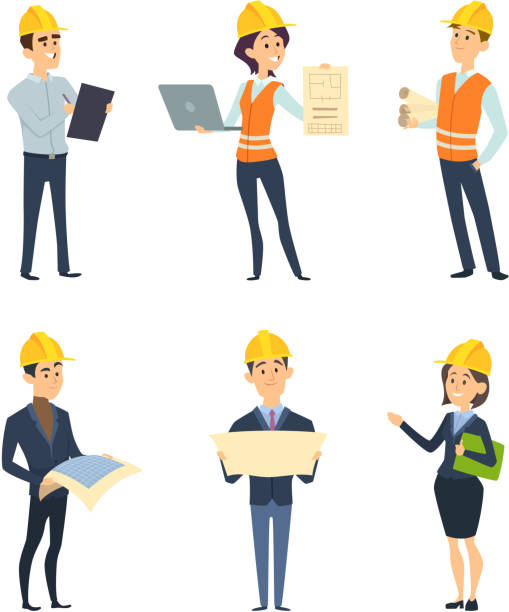 ilustrações de stock, clip art, desenhos animados e ícones de industrial workers. male and female architect and engineering - protective workwear hat violence construction