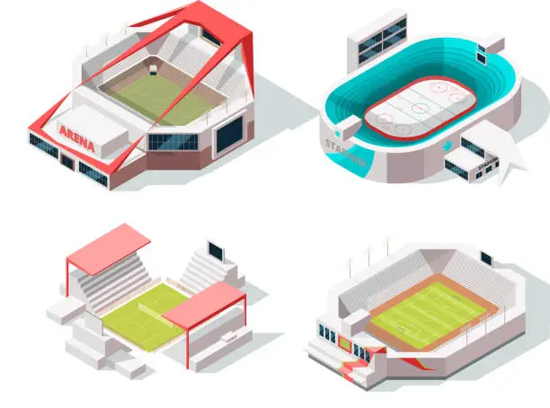 Vector illustration of Exterior of stadium buildings hockey, soccer and tennis. Isometric pictures