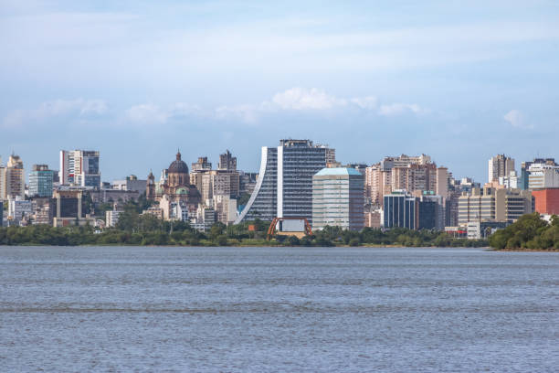 Downtown Porto Alegre Skyline with Rio Grande do Sul Adminitrative Building and Metropolitan Cathedral at Guaiba River - Porto Alegre, Rio Grande do Sul, Brazil