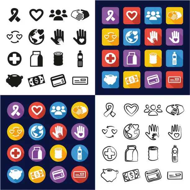 Vector illustration of Charity All in One Icons Black & White Color Flat Design Freehand Set