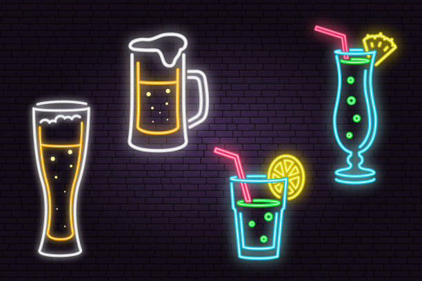 illustrazioni stock, clip art, cartoni animati e icone di tendenza di set di birra al neon e cartello cocktail su sfondo muro di mattoni - beer backgrounds nobody bright